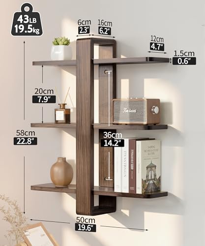 Walnut 3-Tier Floating Wall Shelves - Mid Century Modern Decor