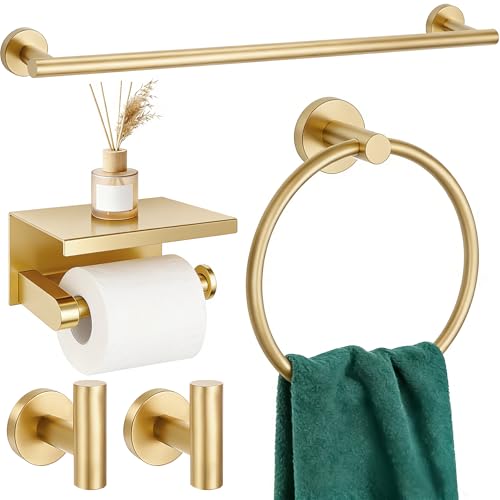 Delarkusi 5-Piece Brushed Gold Bathroom Hardware Set - 24 Inch Towel Rack & Accessories