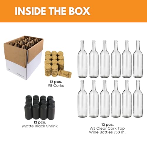 750ml Clear Wine Bottles with Cork and Shrink Sleeves - Bordeaux Style, 12-Pack