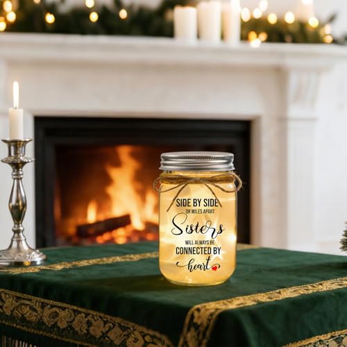 Sister Gifts Mason Jar Night Light – Side by Side or Miles Apart, Sisters Connected by Heart (Variation: Sisters)