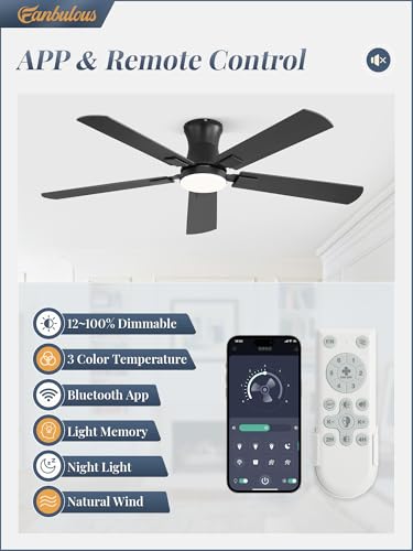 Black 52 Inch Ceiling Fan with Light Remote Control Low Profile Modern Fan