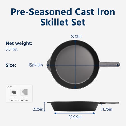 COOKLIFE 12 Inch Pre-Seasoned Lightweight Cast Iron Skillet - Smooth Finish, Oven & Grill Use