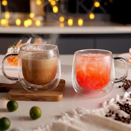 CNGLASS 16oz Double Walled Glass Coffee Mugs 4-Pack - Clear Insulated Latte Cups