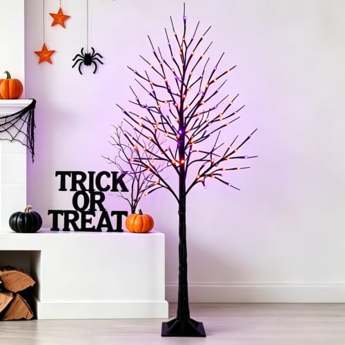 6FT Halloween Lighted Black Birch Tree with Purple & Orange LED Lights, Waterproof Indoor Outdoor Spooky Tree with Timer