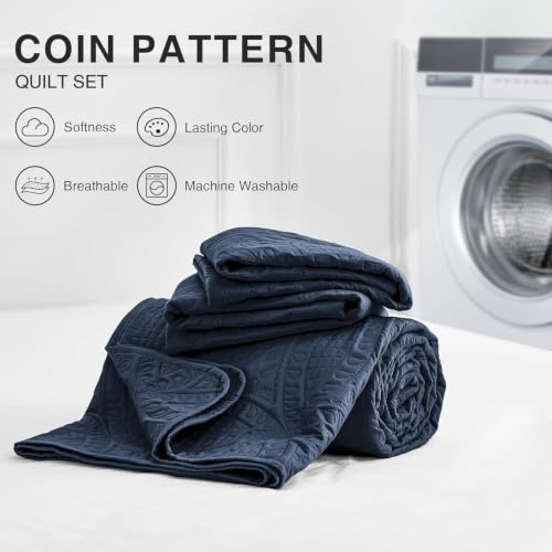 Love's Cabin Full/Queen Navy Blue Coin Pattern Lightweight Quilt Set - 3 Pieces