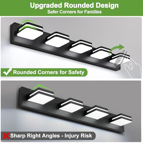 Torondo 34-Inch Matte Black 5-Light LED Bathroom Vanity Light Fixture, 360° Rotatable, Acrylic Modern Wall Lighting Over Mirror
