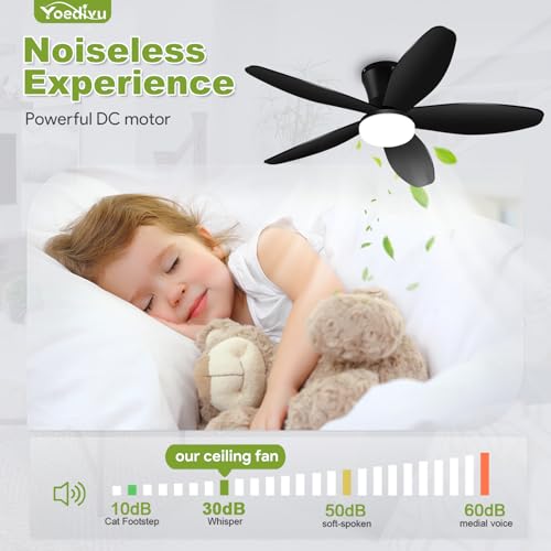 Yoedivu 42 Inch Black Flush Mount Ceiling Fan with Lights & Remote - 6-Speed, Dimmable, Timer, Noiseless