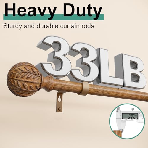 QDWIS Adjustable Wood Grain Curtain Rod Set 36-120 Inch with Leaf Finials - Wreath Branch Style