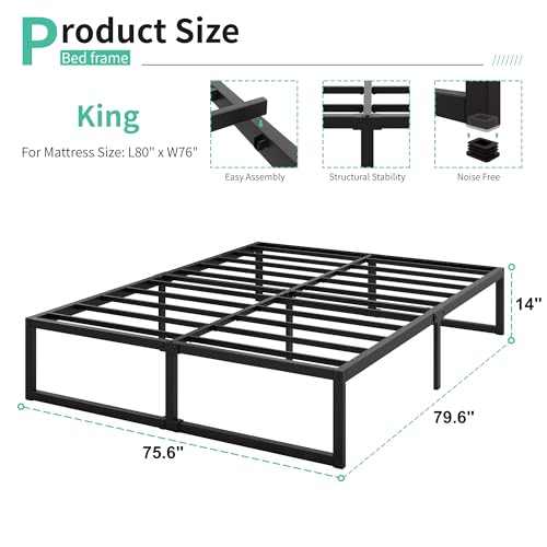 King Bed Frame 14 Inch Heavy Duty Steel Slat Support - Modern Minimalist Design