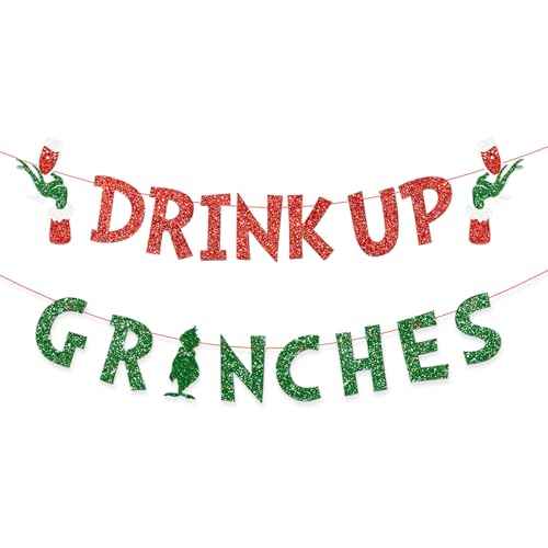 Christmas Decorations Drink Up Party Banners Indoor, Glittery Christmas Decor Banner, Red Green Banner for Home Fireplace Decor