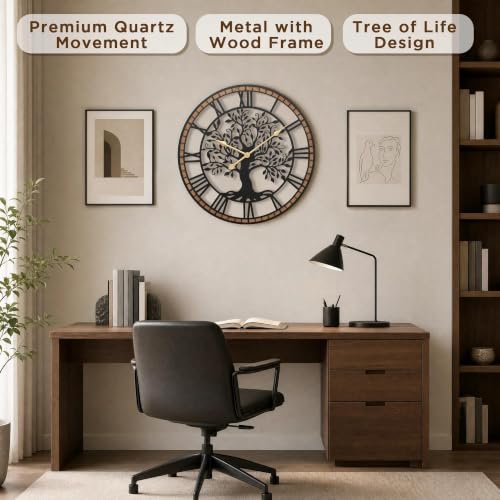 Micasso Large Tree of Life Wall Clock 24 Inch Rustic Farmhouse Decor
