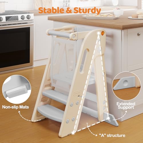Onasti Foldable Toddler Kitchen Helper Tower - Adjustable Height Safety Stool, Gray