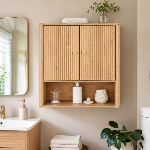 Oak Bathroom Wall Cabinet with Adjustable Shelves - Over Toilet Storage Organizer