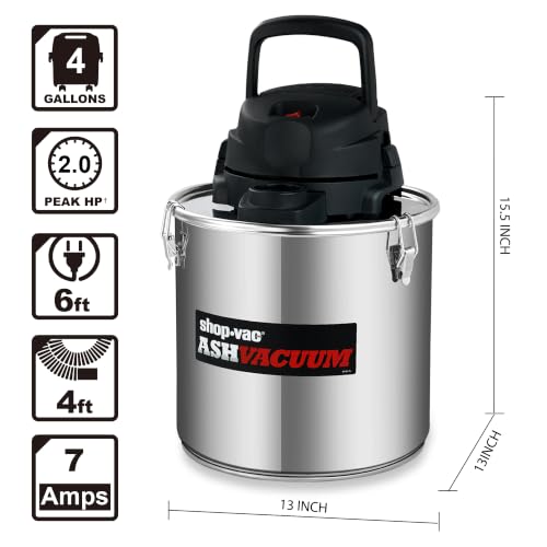 4 Gallon Ash Vacuum with HEPA Filter, 2 Peak HP, Heat-Resistant Metal Hose