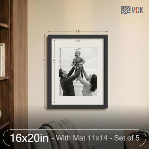 VCK 16x20 Black Picture Frame 5 Pack with Mat, Glass, Wall Mount