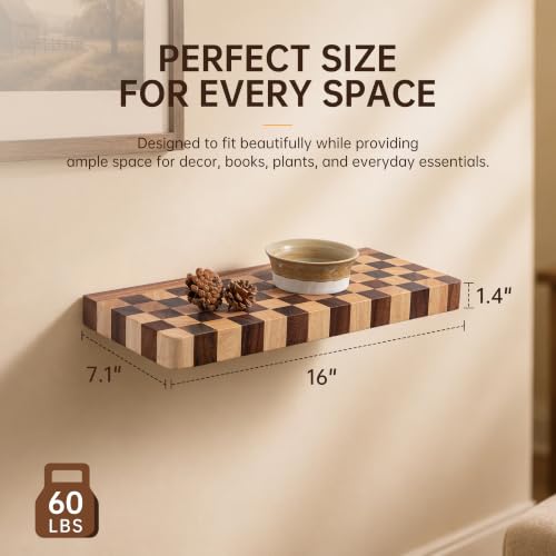 Fyctio 16 Inch Solid Wood Checkered Floating Wall Shelves Set of 2 – Rustic Modern Farmhouse Decor