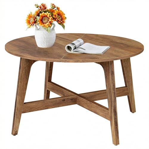 VASAGLE Honey Brown Round Coffee Table - 31.5 Inch Diameter, Tapered Legs