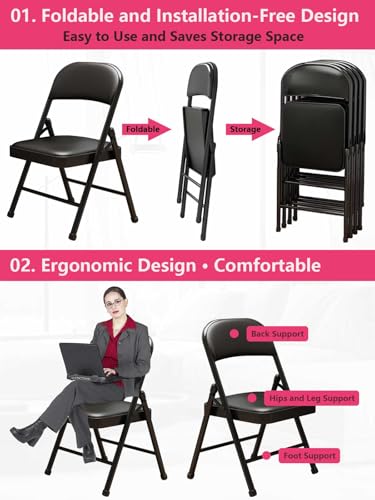 Black PU Leather Folding Chairs 2 Pack with Padded Cushions - Portable & No Assembly