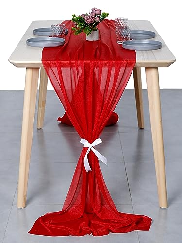 VDS 10ft x 12PC Red Chiffon Table Runner Set for Wedding & Events