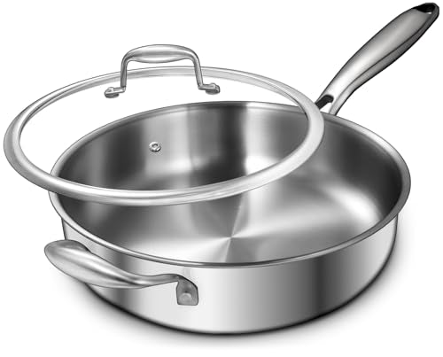EWFEN 12-Inch Tri-Ply Stainless Steel Saute Pan with Handle and Lid, Compatible with All Cooktops