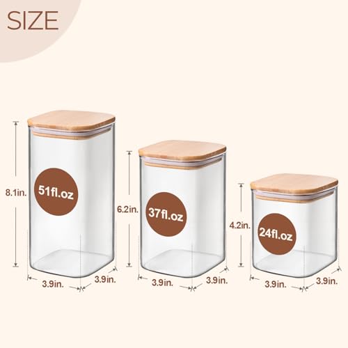 Glass Pantry Storage Containers Set of 6 - 0.7 Qt, 1.2 Qt, 1.6 Qt Square Jars with Bamboo Lids