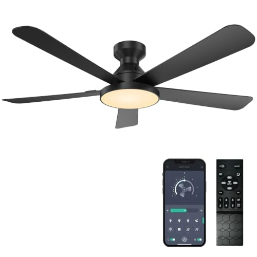 52-Inch Black Ceiling Fan with Lights, Reversible Motor & Remote Control - Low Profile Flush Mount