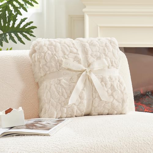 Cream White Faux Fur Throw Blanket - 55 x 70 Inch Reversible Plush Couch Blanket - Cozy Bliss