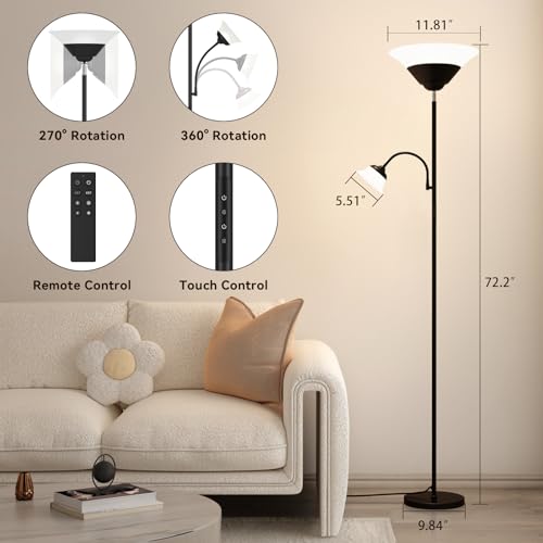 Black 2-in-1 LED Floor Lamp with Remote & Touch Control - Dimmable Reading Light, Adjustable Corner Uplighter & Downlight, 72"