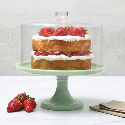 Green Jadeite Cake Stand with Glass Dome - 10-Inch Vintage Pedestal Dessert Plate