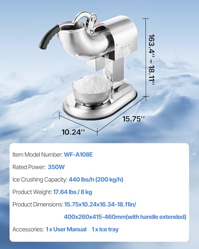440LBS/HR Electric Ice Crusher Machine with 4 Blades, Stainless Steel Snow Cone Maker, 350W - Silver