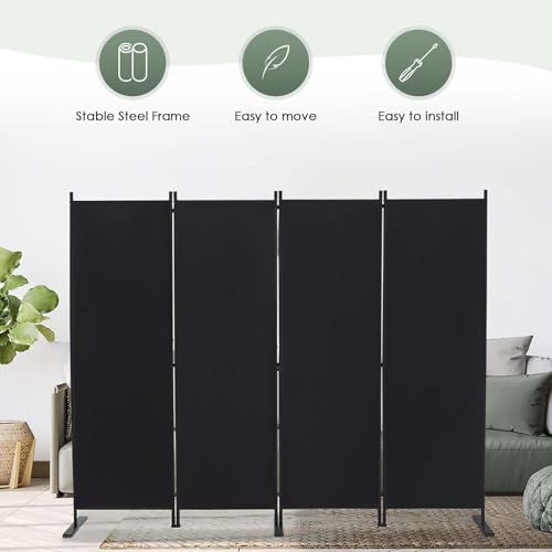 RANTILA Black 4-Panel Room Divider, 6ft Folding Privacy Screen, Freestanding Partition