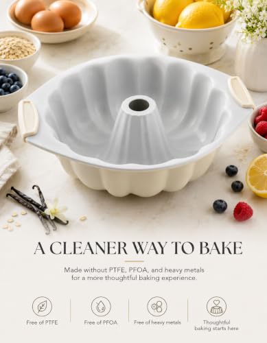 Cream Ceramic Fluted Cake Pan 12x10x3 Inches Nonstick Oven Safe Bakeware