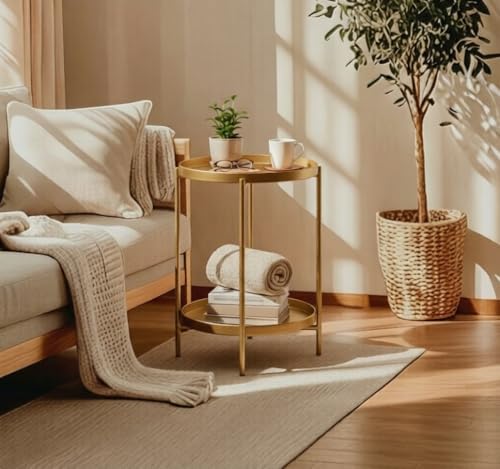 Gold 2-Tier Folding Metal Side Table with Removable Trays - Small Nightstand