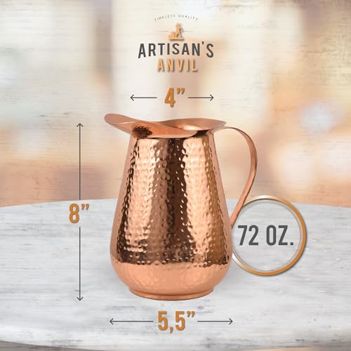 Hammered Copper Water Pitcher 70oz, 100% Pure, Handle