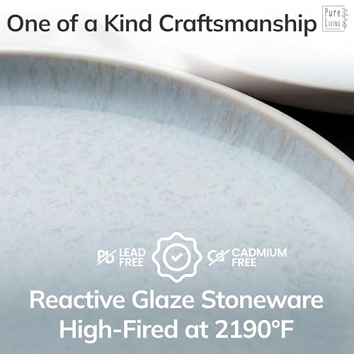 Light Beige Blue Stoneware Dinnerware Set for 4 - 16 Pieces, Handcrafted Plates & Bowls