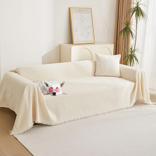 Chenille Sofa Cover 91x150 Inches with Tassel Edges for Sectional L-Shaped Couches - Beige