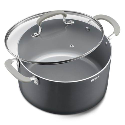 BEZIA Gray 8QT Non-Stick Ceramic Stock Pot with Lid, Induction Compatible