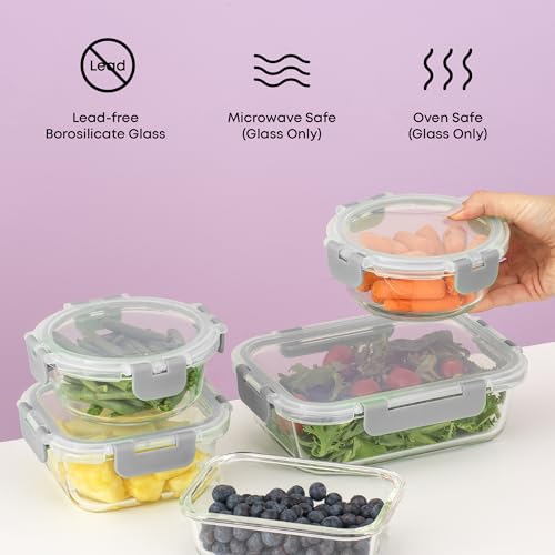 JoyJolt 24pc Borosilicate Glass Food Storage Containers with Grey Lids - Airtight & Freezer Safe