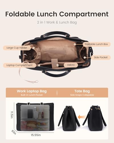 LOVEVOOK 15.6-Inch Black 3-in-1 Lunch Tote & Laptop Bag with Insulated Compartment