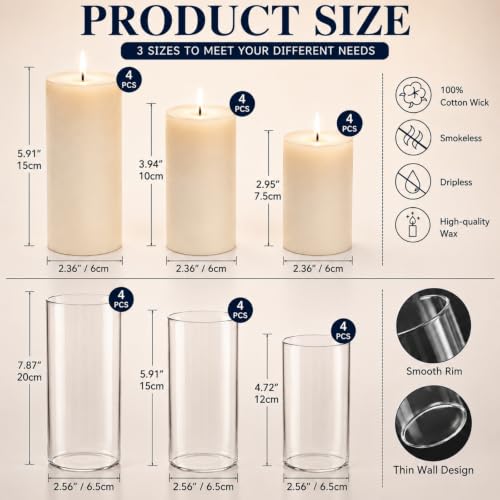 PNJHDZ Ivory 24 pcs Candle Set with Glass Cylinder Vases for Weddings & Events