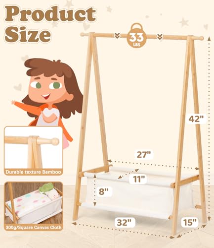 Kids Clothing Rack with Storage - Natural Bamboo, Dress Up Organizer for Children (Variation of THIS listing)