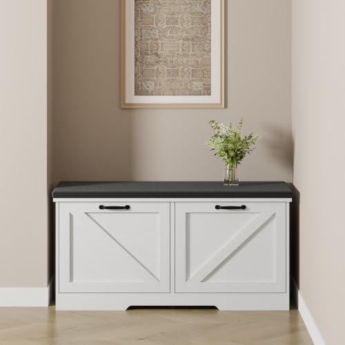 Farmhouse Shoe Storage Bench with Seat Cushion & Adjustable Flip Drawers - 39.4W x 11.8D x 19.7H