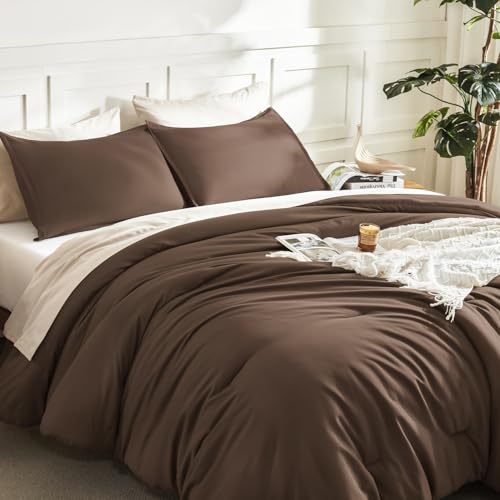 Litanika Brown Super King Plus Comforter Set - Solid Boho Bedding 3 Piece