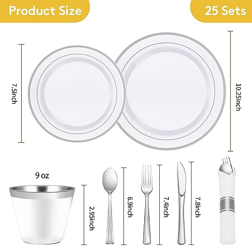 175-Piece Silver Plastic Dinnerware Set for 25 Guests - Party Plates, Cups & Utensils