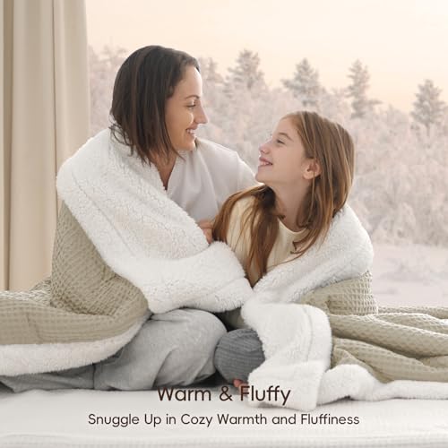PHF Waffle Sherpa Blanket Queen Size, 90x90 Inches Luxury Plush Flannel Fleece Blanket for Winter, No Shed No Pilling, Cozy Soft & Reversible Waffle Weave Bedding for Home Decor, Khaki