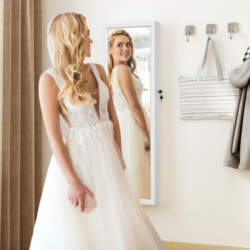Off White LED Mirror Jewelry Armoire Door Wall Mount with Storage & Drawers