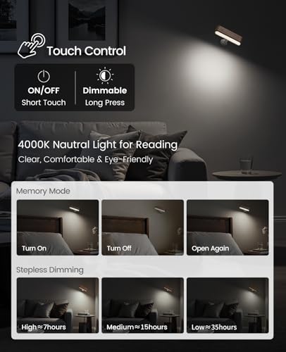 Vadifula Black Walnut Rechargeable Magnetic Wall Sconce Set of 2 - Dimmable Touch Bed Reading Lights