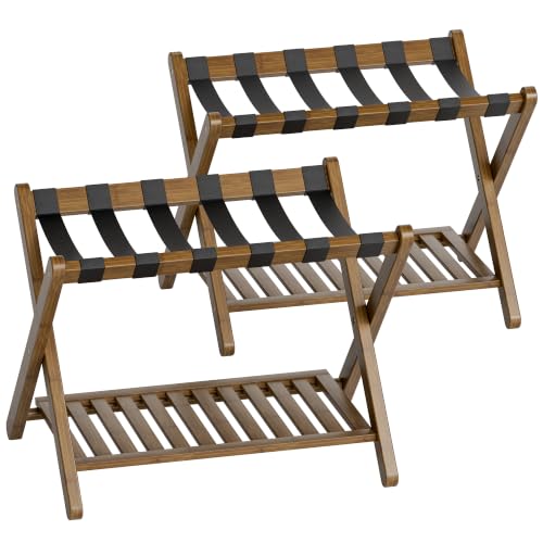 Foldable Bamboo Luggage Rack Set - Walnut Finish with Storage Shelf