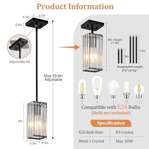 Black 3-Pack Crystal Pendant Lights for Kitchen Island Dining Room Adjustable Hanging Fixture