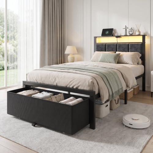 Twin Size Upholstered Bed Frame with Storage Drawers & RGB LED Headboard - Twin